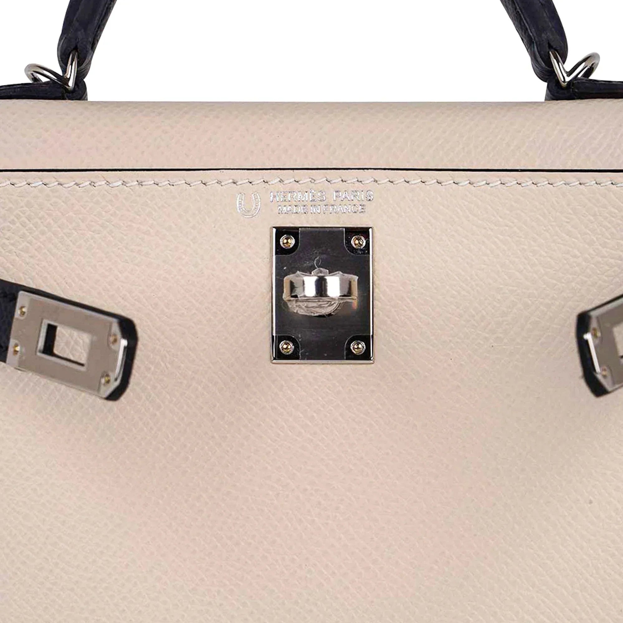 Special Order HSS Mini Kelly 20 Bag Sellier Craie & Blue Indigo Epsom Leather with Palladium Hardware