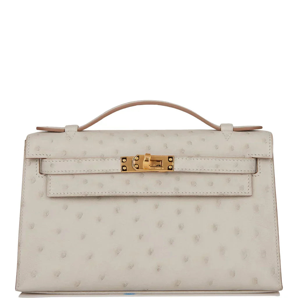 Kelly Pochette Gris Perle Ostrich Gold Hardware