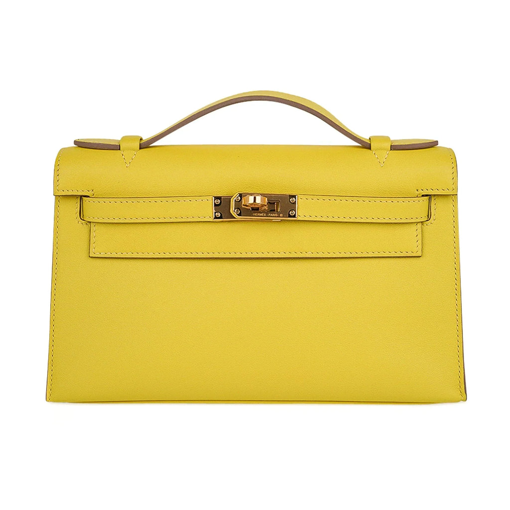Kelly Pochette Bag Lime Clutch Gold Hardware Swift Leather