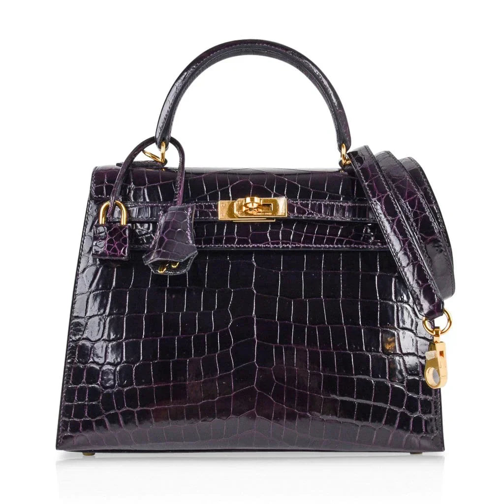 Kelly 25 Bag Sellier Crocodile Prunoir Gold Hardware
