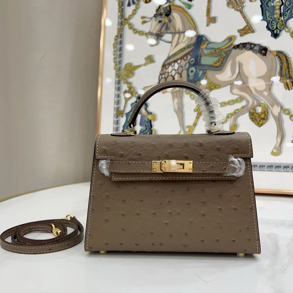 Kelly II Mini Gris Tourterelle Ostrich Gold Hardware