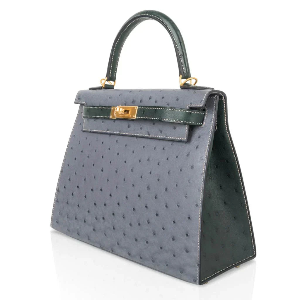 Kelly Sellier 28 HSS Bag Gris Agate / Vert Titien Ostrich Gold Hardware
