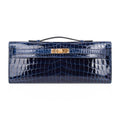 Kelly Cut Blue Sapphire Crocodile Clutch Bag Gold Hardware