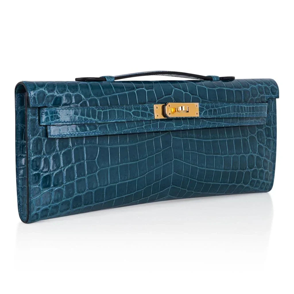 Kelly Cut Bag Blue Colvert Crocodile with Gold Hardware