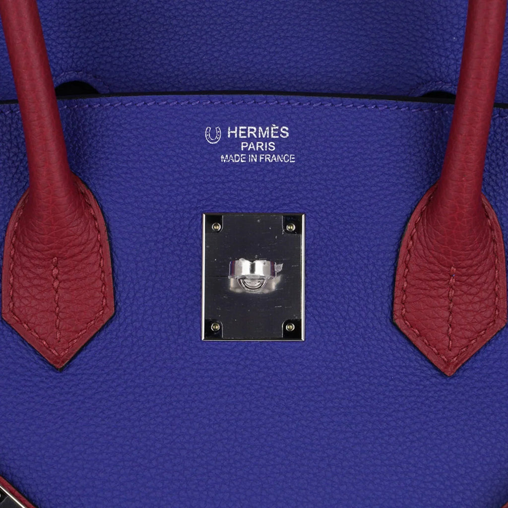 Special Order HSS Birkin 35 Bag Blue Electric & Rouge Granat Togo Leather with Palladium Hardware