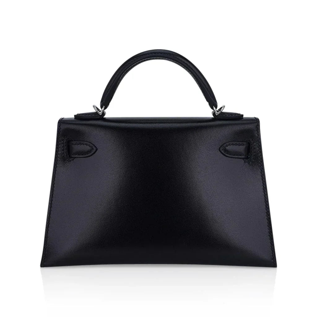 Kelly 20 Sellier Black Box Leather Mini Bag Palladium Hardware
