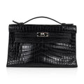 Kelly Pochette Bag Matte Black Crocodile Clutch Palladium